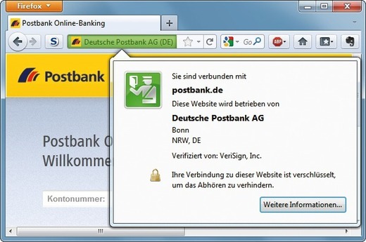 Darstellung des EV-Zertifikats in Firefox Darstellung des EV-Zertifikats in Firefox
