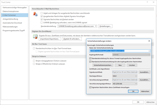 Einstellung des S/MIME Zertifikats in Outlook Einstellung des S/MIME Zertifikats in Outlook