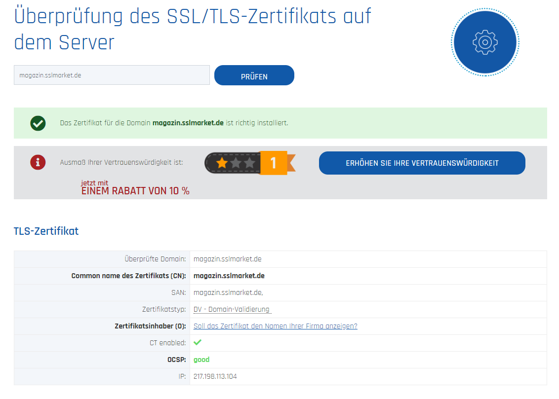 Überprüfung des Zertifikats auf der Domain sslmarket.de
